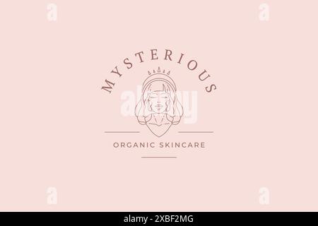 Mitica regina donna faccia in tiara toccare pelle bellezza cura ritratto minimalista linea arte logo illustrazione vettoriale. Antica principessa femminile in corona p Illustrazione Vettoriale