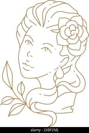 Illustrazione vettoriale dell'icona della linea art deco del busto della donna antica. Bellissimo elegante logo monocromatico femminile semplice per salone di bellezza, spa, cura del corpo viso isola Illustrazione Vettoriale