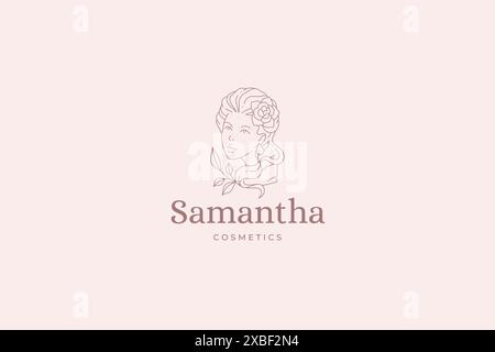 Monocromatico antico testa donna busto hairstyle rosa fiore decorativo linea design arte logo illustrazione vettoriale. Bellezza minimalista medievale donna monumento Illustrazione Vettoriale