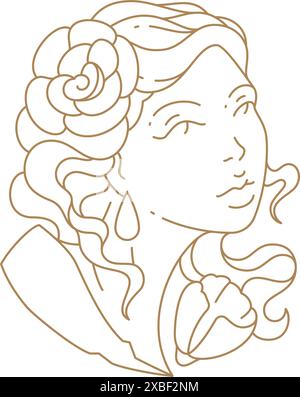 Semplice donna monocromatica con fiore nel busto dei capelli illustrazione vettoriale con icona art deco. Logo sagomato femminile antica statua della dea raffigurante isola Illustrazione Vettoriale