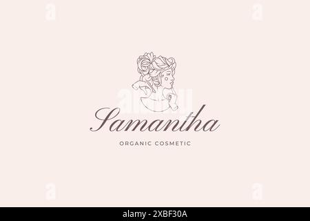 Elegante donna medievale busto romantico acconciatura con mani vicino bocca minimalista linea arte silhouette logo illustrazione vettoriale. Piuttosto antica fa femmina Illustrazione Vettoriale