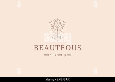 Mani umane meditative fiore esoterico mezza luna fiore di sole cornice geometrica design decorativo linea logo illustrazione vettoriale. Molla delle braccia spirituali bo Illustrazione Vettoriale