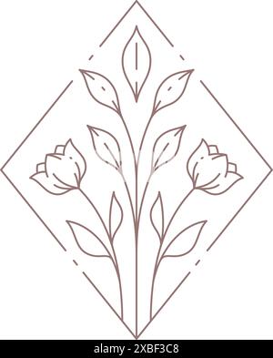 Semplici fiori botanici lineari con stelo, gemme e foglie sul rombo illustrazione vettoriale dell'icona della cornice disegnata a mano. Bouquet floristico monocromatico con nat Illustrazione Vettoriale