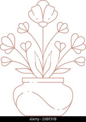 Bouquet di fiori naturali che cresce in vaso decorato da elementi di design semplice illustrazione vettoriale con icone. Pianta floreale in vaso con stelo, gemma e petalo Illustrazione Vettoriale