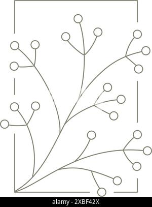 Mirtillo rosso naturale monocromatico, rowan con frutti di bosco sulla cornice disegnata a mano e squadrata, illustrazione vettoriale del logo. Design decorativo semplice con icone Pasqua, Moth Illustrazione Vettoriale