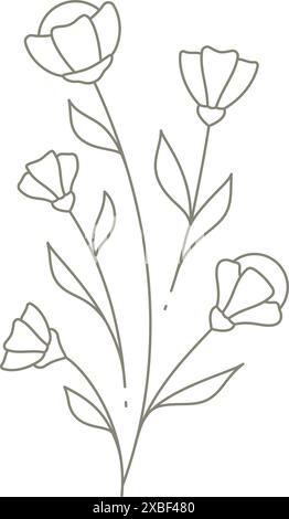 Semplice mazzo di fiori selvaggio, disegno vettoriale con stampa di disegni a parete di piante naturali. Icona lineare monocromatica elegante fioritura botanica per g Illustrazione Vettoriale