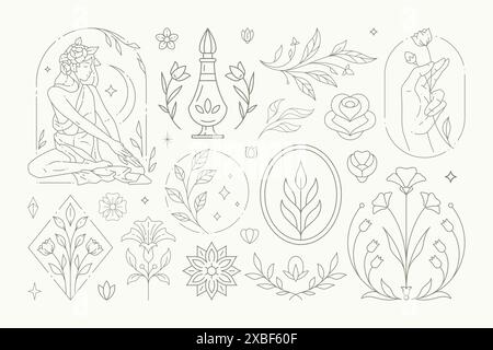 Illustrazione vettoriale della collezione di logo floristici con linea monocromatica. Semplice emblema femminile salone di bellezza esoterico yoga spa isolato su bianco. Decorativo Illustrazione Vettoriale