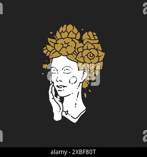 Viso femminile astratto con bouquet di fiori sulla testa tenerezza con la procedura spa benessere della pelle delinea l'illustrazione vettoriale del logo. Elegante e antico con Illustrazione Vettoriale