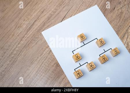 Organigramma gerarchico aziendale che utilizza blocchi di legno con spazio di copia. Foto Stock