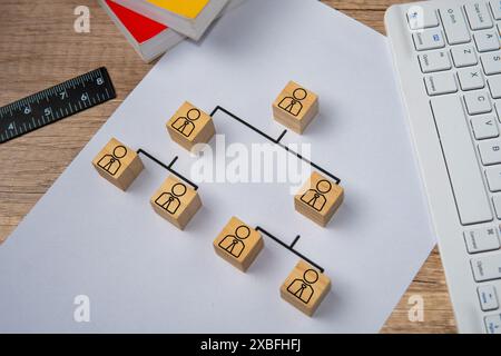 Organigramma gerarchico aziendale che utilizza blocchi di legno con spazio di copia. Foto Stock