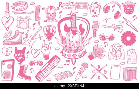 Set di musica rock disegnata a mano in stile rosa con strumenti musicali a doodle isolati su sfondo bianco. Illustrazione Vettoriale