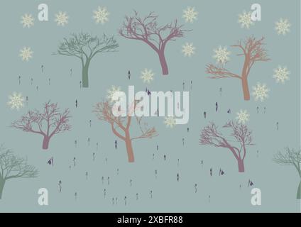 alberi invernali senza cuciture ed erbe, sfondo astratto vettoriale Illustrazione Vettoriale