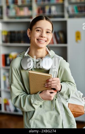 Una ragazza adolescente ascolta un audiolibro con le cuffie mentre tiene un libro in biblioteca. Foto Stock