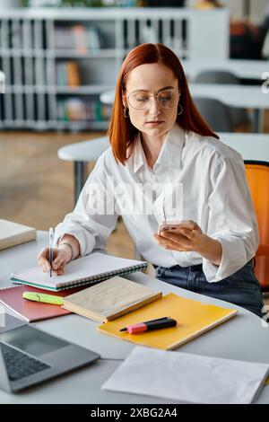 Una tutor rossa che fornisce servizi di insegnamento online, gestendo il suo laptop e il suo cellulare dopo una lezione scolastica. Foto Stock