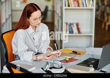 Una tutor rossa seduta a una scrivania, che insegna online con un computer portatile e un telefono cellulare. Foto Stock