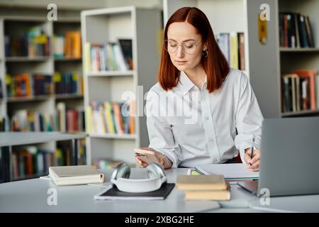 Una tutor rossa conduce lezioni online, seduto a una scrivania in una biblioteca con un portatile. Foto Stock