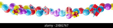 Palloncini vivaci e colorati e presenta la ghirlanda isolata su sfondo bianco. Elementi blu, rosso, viola e giallo. Può essere utilizzato come divisore, piè di pagina o. Foto Stock