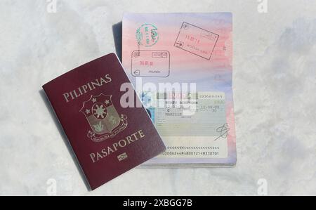 Spazio Schengen, Europa. 11 giugno 2024: Passaporto filippino con timbro Schengen per il turista filippino a breve termine entrato in Francia e partito attraverso la Svezia (dati personali, timbri, PII e date anonimizzate). La Commissione europea, le ambasciate di VFS Global e degli stati membri, ha annunciato un aumento dei diritti per i visti da 80 € a 90 EUR/adulti e da 40 € a 45 euro/bambini, attribuendo questo nuovo costo all'inflazione nei paesi europei. Una tassa supplementare che deve essere pagata dai turisti dei paesi terzi che presentano un modulo di domanda a partire da oggi in qualsiasi ambasciata membro. Crediti: Kevin Izorce/Alamy Live News Foto Stock