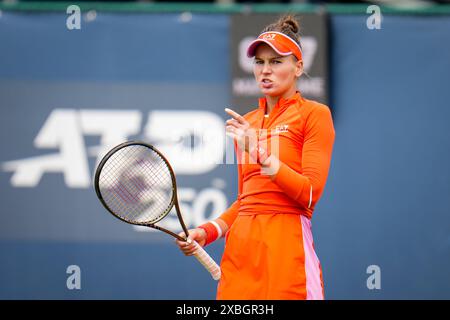 'S-HERTOGENBOSCH, PAESI BASSI - 12 GIUGNO: La Russia Veronika Kudermetova gesta nella sua partita di singolare femminile al primo turno contro la Cina Zhuoxuan Bai il giorno 3 del Libema Open Grass Court Championships all'Autotron il 12 giugno 2024 a 'S-Hertogenbosch, Paesi Bassi (foto di Rene Nijhuis/Agenzia BSR) credito: Agenzia BSR/Alamy Live News Foto Stock