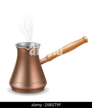 caffettiera turca in rame con manico in legno per la creazione di immagini vettoriali isolate su sfondo bianco Illustrazione Vettoriale