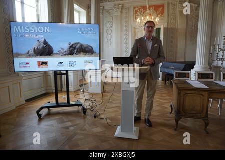 Berlino, Germania. 12 giugno 2024. Andreas Knieriem, direttore dello zoo Tierpark di Berlino, partecipa a una conferenza stampa sul piano per salvare il rinoceronte bianco del nord nello zoo Tierpark di Berlino, Germania, il 12 giugno 2024. Insieme allo zoo Dvur Kralove, lo zoo di Tierpark diventerà il luogo in cui salvare i rinoceronti bianchi del nord quasi estinti, costruendo un centro di ricerca e allevamento dove nasceranno i bambini di rinoceronte bianco attraverso la riproduzione artificiale. Crediti: Ales Zapotocky/CTK Photo/Alamy Live News Foto Stock