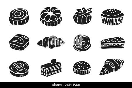 Dolci panetteria francese Set di dessert torte e icone di doodle Illustrazione Vettoriale