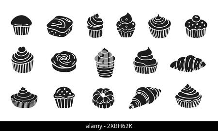 Dolci panetteria francese Set di dessert torte e icone di doodle Illustrazione Vettoriale