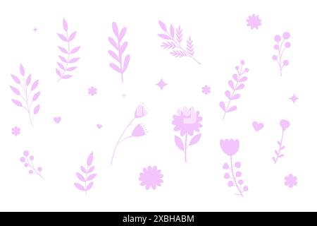 Set di semplici silhouette di fiori, piante, botanica. Immagine vettoriale viola delicata isolata su bianco Illustrazione Vettoriale
