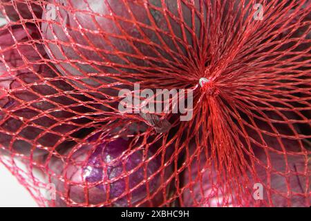 Cipolle rosse in una rete di plastica per la conservazione e la vendita in un negozio. Primo piano. Morsetto in alluminio Foto Stock