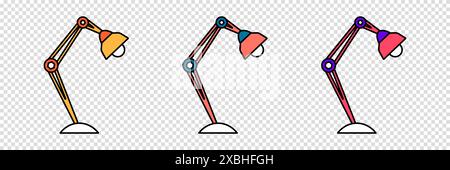 Set di lampade da tavolo con design piatto. Luce da lettura in stile cartoni animati. Icona clipart vettoriale su uno sfondo trasparente. Illustrazione Vettoriale