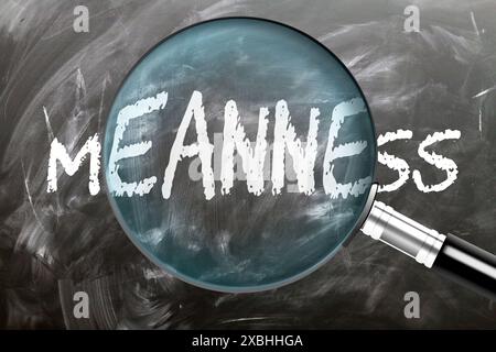 Meschinità - imparate, studiate e ispezionate. Un'occhiata più da vicino alla meschinità. Una lente d'ingrandimento che ingrandisce la parola "significatività" scritta su una lavagna Foto Stock
