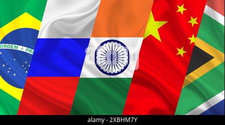 BRICS - Associazione di 5 paesi: Brasile, Russia, India, Cina e Sudafrica bandiere dei paesi partecipanti Foto Stock