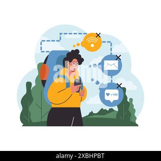 Viaggio da solo, luna di miele. Personaggio che viaggia con uno zaino. Relax all'aperto, attività di vacanza. Stile di vita avventuroso, viaggiatore che esplora la natura. Detox digitale. Illustrazione vettoriale piatta Illustrazione Vettoriale