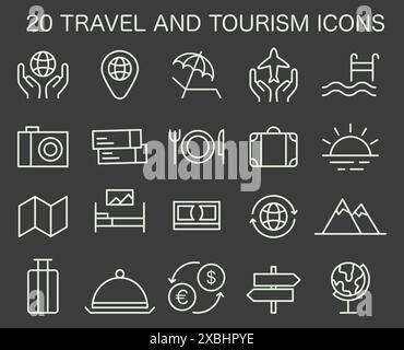 Set di icone turistiche. Semplici simboli per viaggiare in tutto il mondo, vedere attrazioni e patrimonio culturale. Il viaggiatore che prenota un hotel e fa il pieno di bagagli. Stile di vita attivo. Illustrazione vettoriale piatta Illustrazione Vettoriale