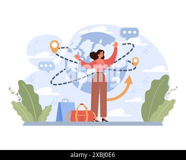 Viaggio da solo, luna di miele. Personaggio femminile che viaggia da sola. Donna relax all'aperto, attività di vacanza. Stile di vita avventuroso, viaggiatore che esplora la natura da sola. Illustrazione vettoriale piatta Illustrazione Vettoriale