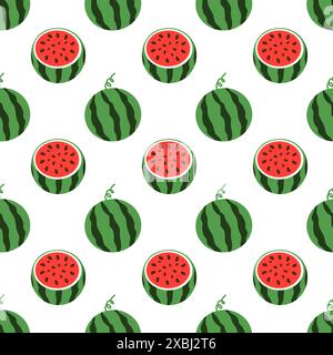 Motivo senza cuciture vettoriale anguria intera e dissezionata. Background alimentare. Carta da parati di frutta estiva. Illustrazione piatta. Illustrazione Vettoriale