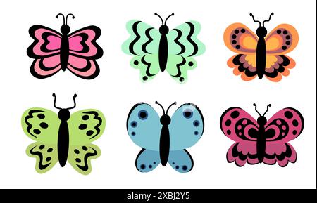 Set farfalle. Diverse ali di ornamento astratto. Collezione colorata di insetti. Illustrazione vettoriale isolata su sfondo bianco. Illustrazione Vettoriale