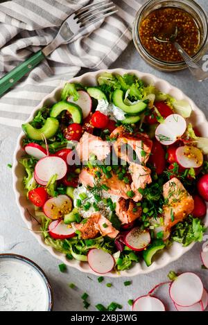 Insalata di verdure primaverili di salmone tirata. . obiettivo principale weiv.selective Foto Stock