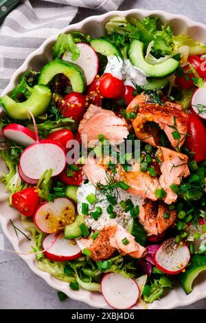 Insalata di verdure primaverili di salmone tirata. . obiettivo principale weiv.selective Foto Stock