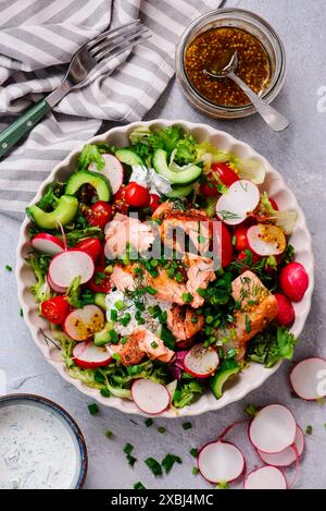 Insalata di verdure primaverili di salmone tirata. . obiettivo principale weiv.selective Foto Stock