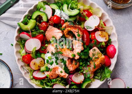 Insalata di verdure primaverili di salmone tirata. . obiettivo principale weiv.selective Foto Stock