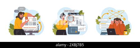 Set Hyperfocus. Capacità di concentrazione e concentrazione. Autodisciplina e gestione del tempo. Organizzazione per l'efficienza delle prestazioni. Illustrazione vettoriale piatta Illustrazione Vettoriale