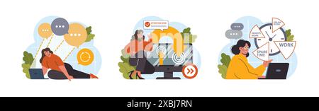 Set Hyperfocus. Capacità di concentrazione e concentrazione. Autodisciplina e gestione del tempo. Organizzazione per l'efficienza delle prestazioni. Illustrazione vettoriale piatta Illustrazione Vettoriale