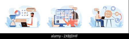 Set Hyperfocus. Capacità di concentrazione e concentrazione. Autodisciplina e gestione del tempo. Organizzazione per l'efficienza delle prestazioni. Illustrazione vettoriale piatta Illustrazione Vettoriale