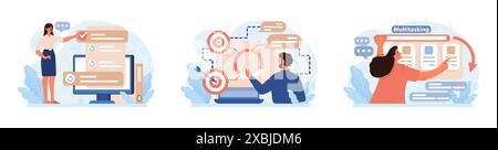 Set Hyperfocus. Capacità di concentrazione e concentrazione. Autodisciplina e gestione del tempo. Organizzazione per l'efficienza delle prestazioni. Illustrazione vettoriale piatta Illustrazione Vettoriale