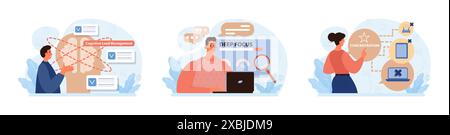Set Hyperfocus. Capacità di concentrazione e concentrazione. Autodisciplina e gestione del tempo. Organizzazione per l'efficienza delle prestazioni. Illustrazione vettoriale piatta Illustrazione Vettoriale