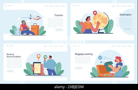 Banner Web turistico o set di landing page. Persone che viaggiano in tutto il mondo per vedere attrazioni e patrimonio culturale. Il viaggiatore che prenota un hotel e fa il pieno di bagagli. Stile di vita attivo. Illustrazione vettoriale piatta Illustrazione Vettoriale
