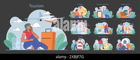 Modalità turismo buio o notturna impostata. Persone che viaggiano in tutto il mondo per vedere attrazioni e patrimonio culturale. Il viaggiatore che prenota un hotel e fa il pieno di bagagli. Stile di vita attivo. Illustrazione vettoriale piatta Illustrazione Vettoriale