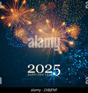 Biglietto di auguri buon anno 2025. Bellissimo banner web o cartellone con testo felice anno nuovo 2025 sullo sfondo dei fuochi d'artificio. Illustrazione Vettoriale