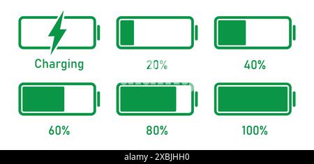 Carica della batteria mobile: Infografica da 20 a 100% carica completa della batteria, livello di energia, avanzamento, crescita, simboli del vettore di potenza. Carica batteria Illustrazione Vettoriale